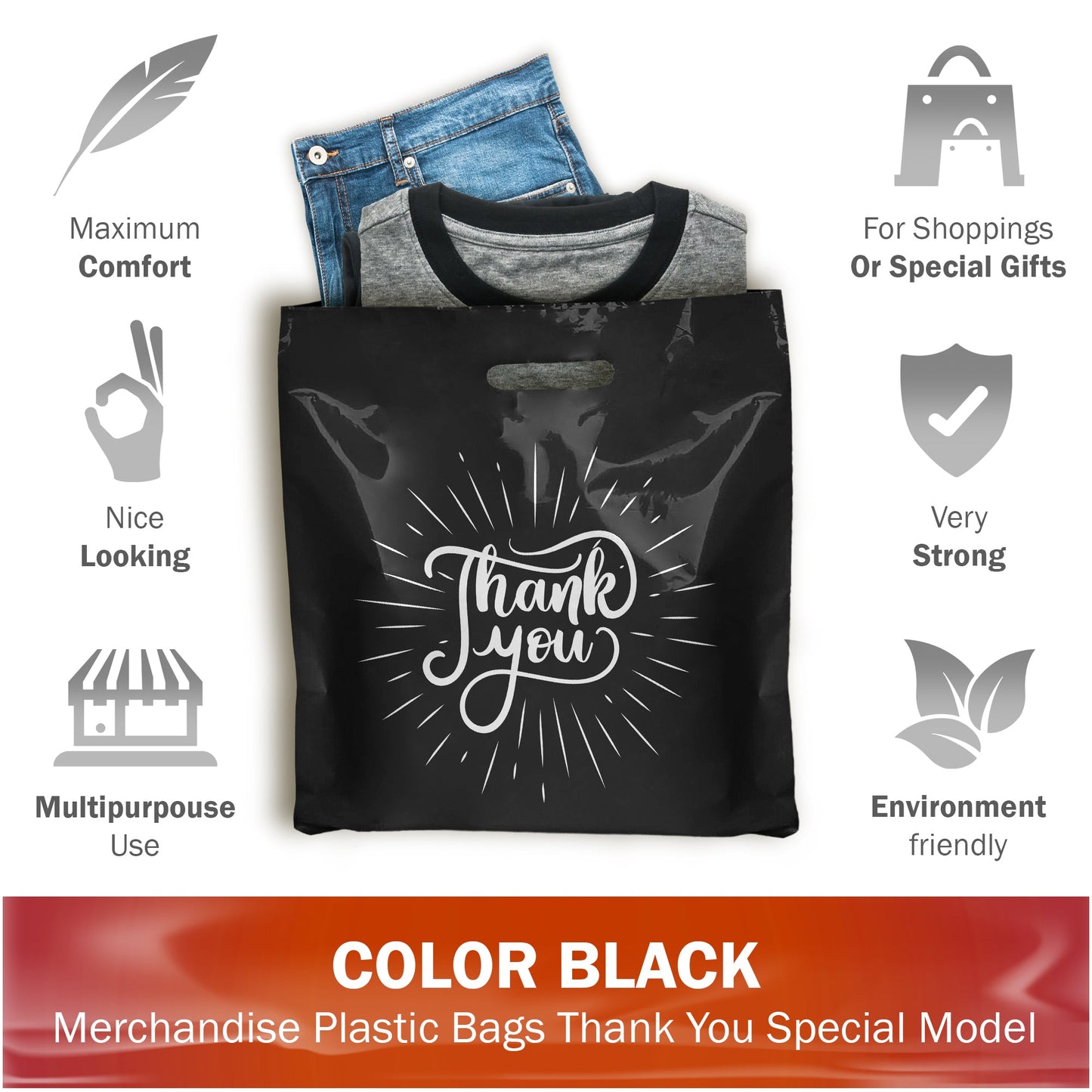 100 Pack 20" x 20" with 2 mil Thick Extra Large Black Merchandise Plastic Retail Spark Thank You Bags