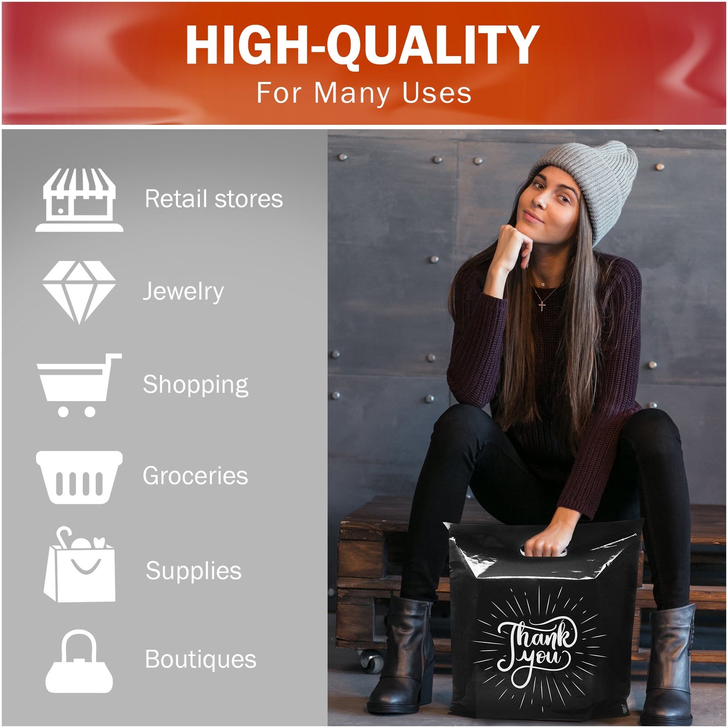 100 Pack 20" x 20" with 2 mil Thick Extra Large Black Merchandise Plastic Retail Spark Thank You Bags