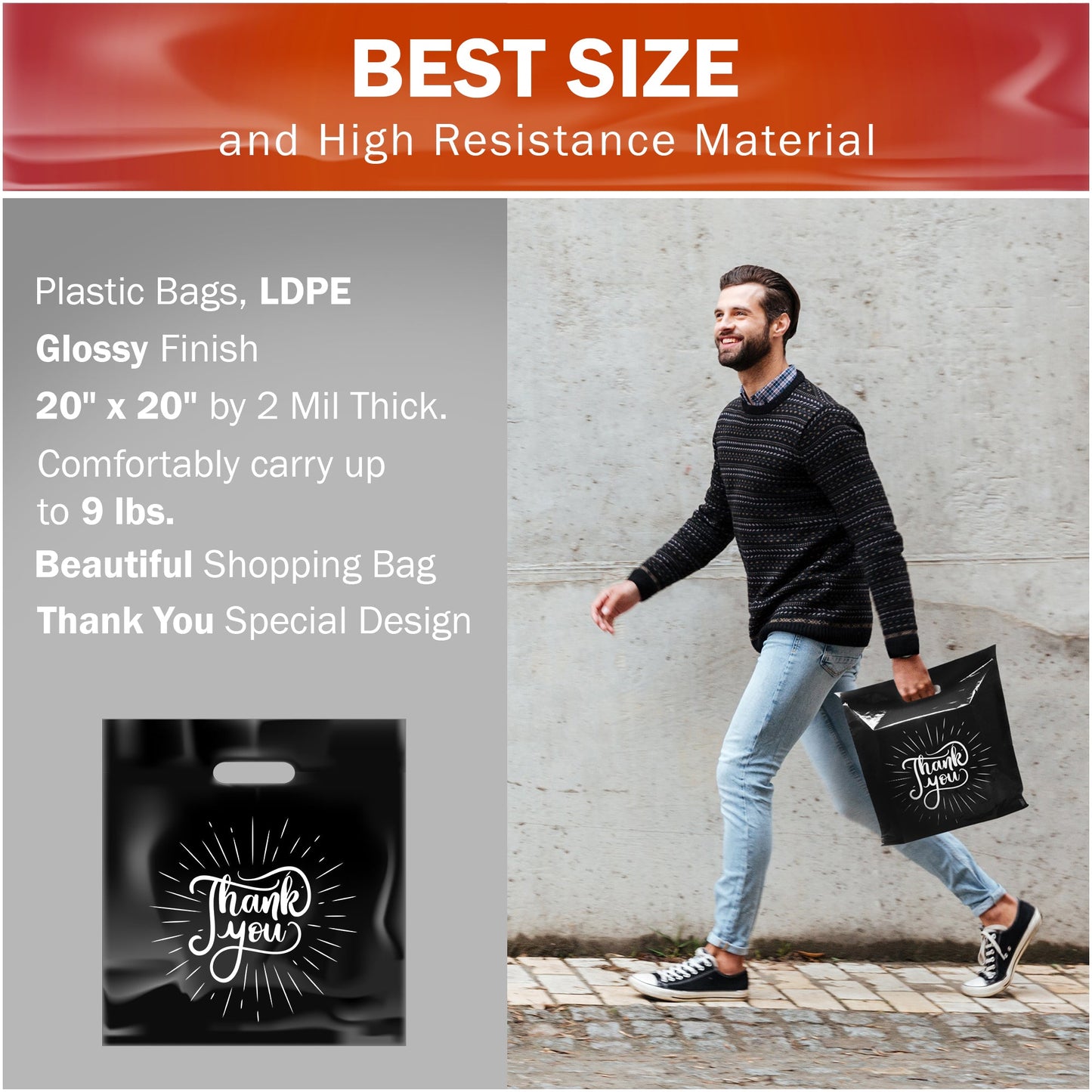 100 Pack 20" x 20" with 2 mil Thick Extra Large Black Merchandise Plastic Retail Spark Thank You Bags
