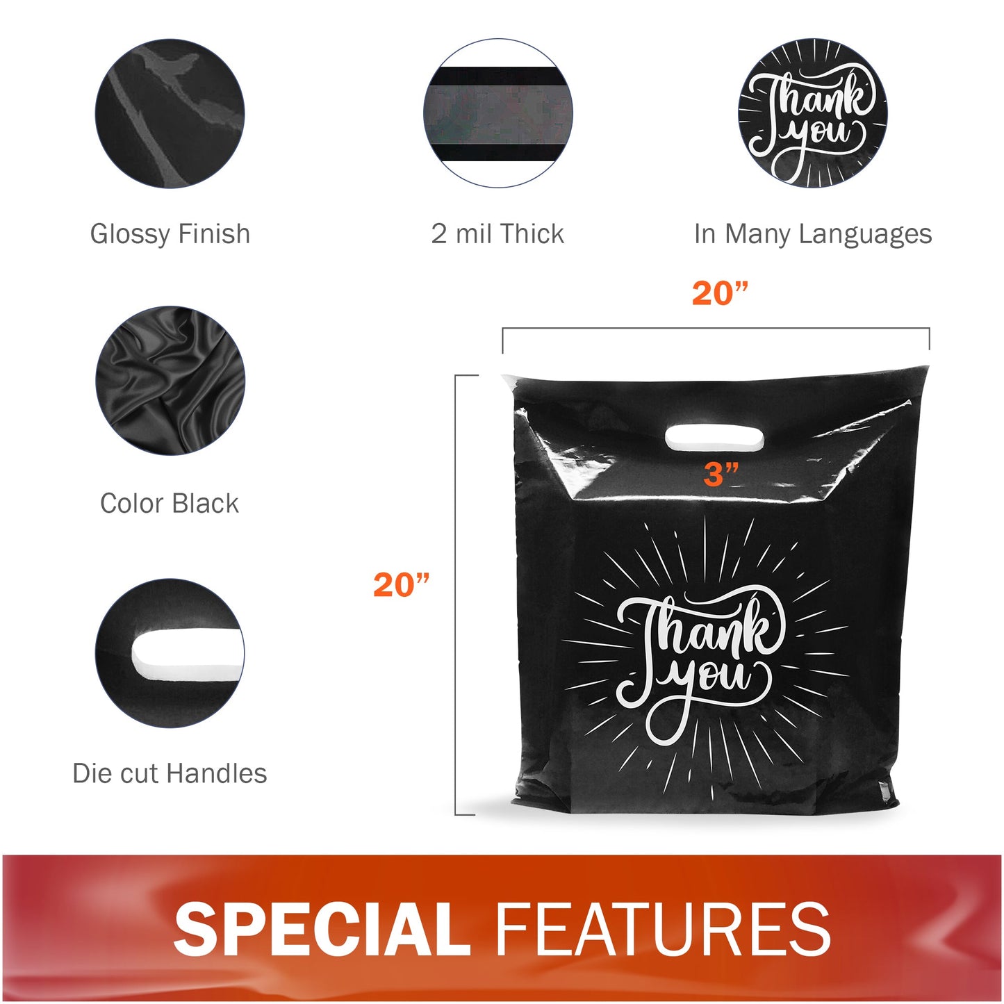 100 Pack 20" x 20" with 2 mil Thick Extra Large Black Merchandise Plastic Retail Spark Thank You Bags