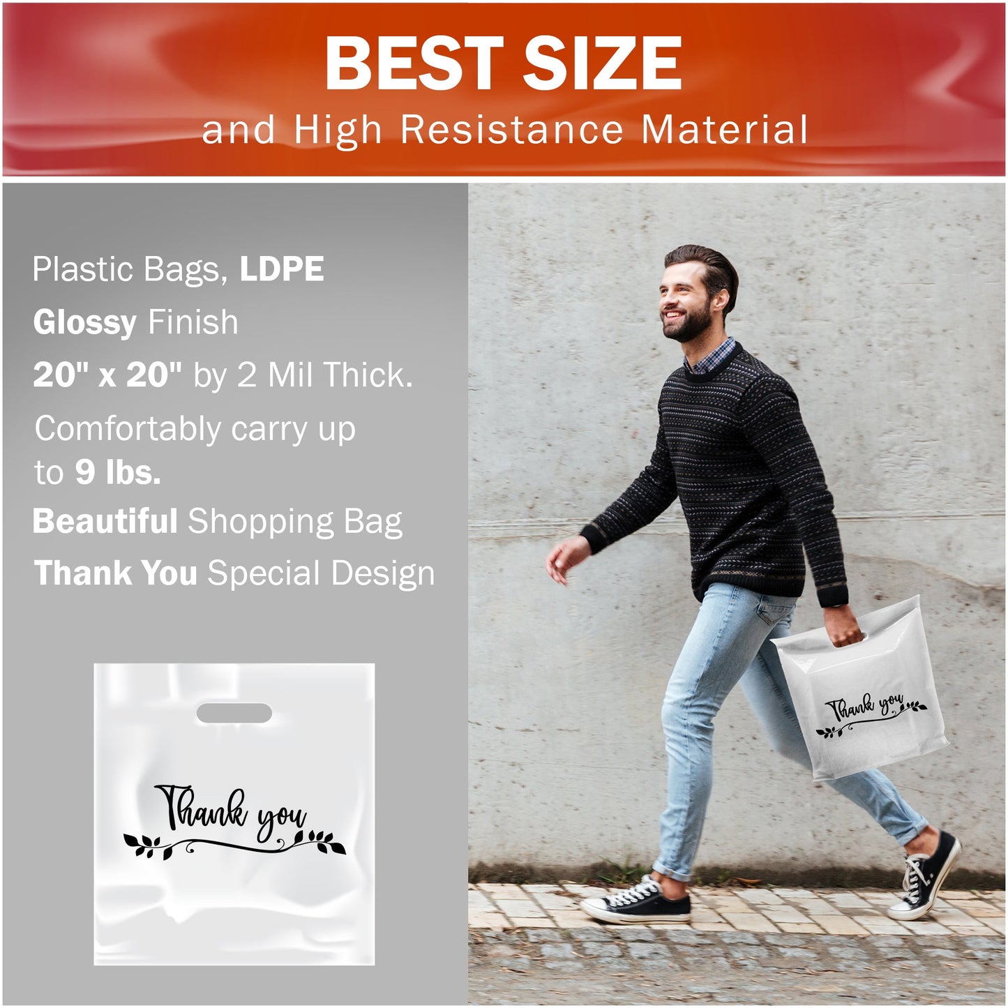 100 Pack 20" x 20" with 2 mil Thick Extra Large White Merchandise Plastic Retail Lea Thank You Bags