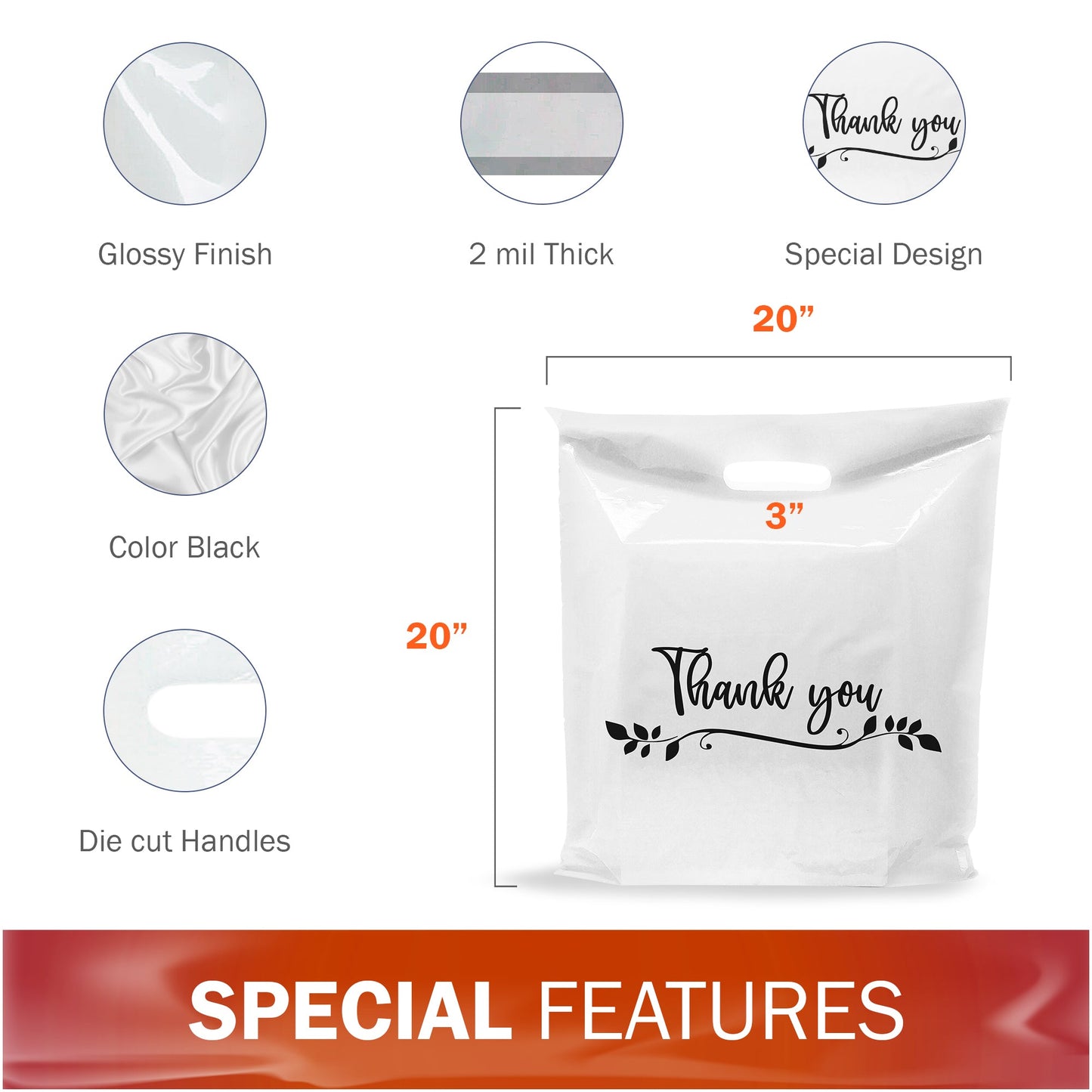 100 Pack 20" x 20" with 2 mil Thick Extra Large White Merchandise Plastic Retail Lea Thank You Bags