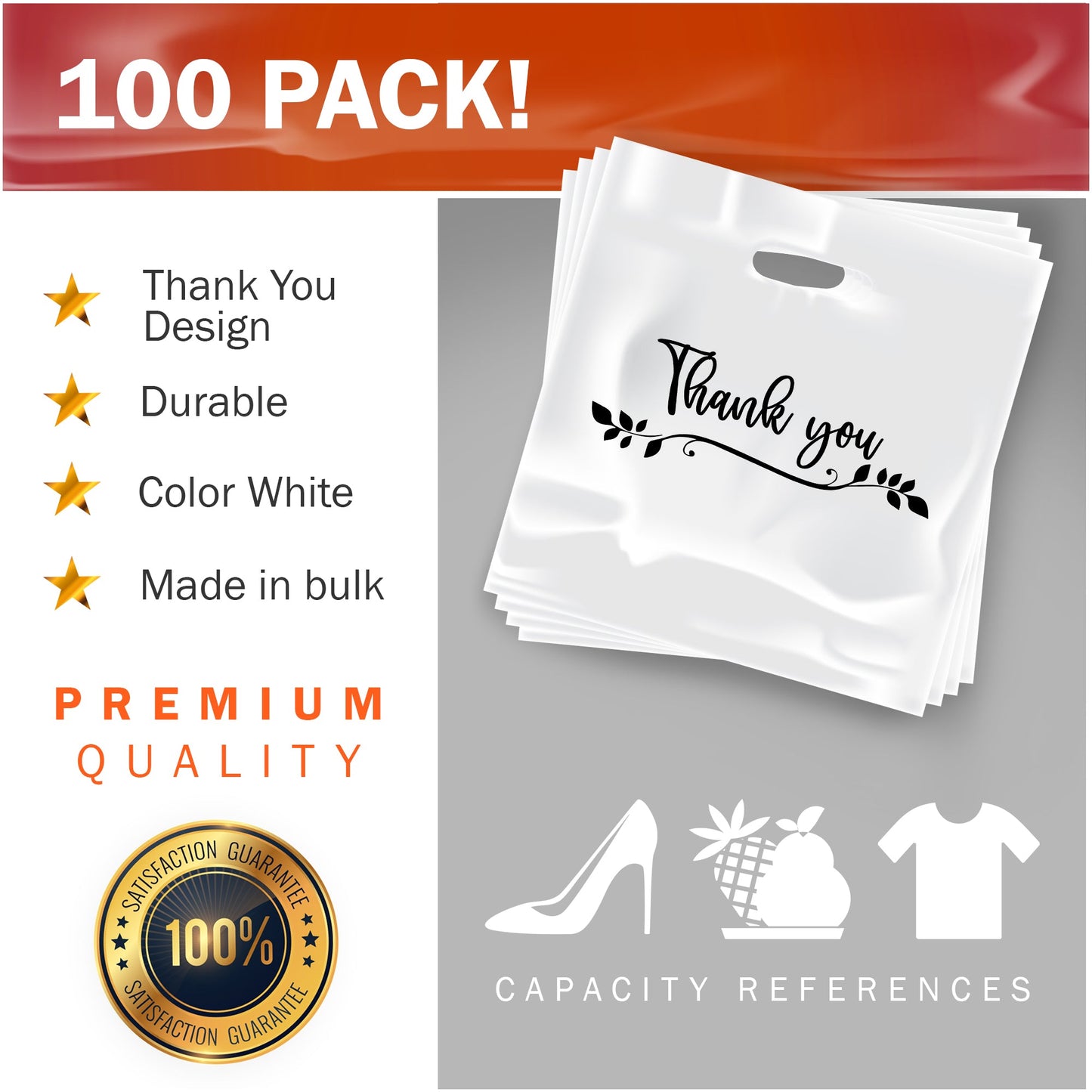 100 Pack 20" x 20" with 2 mil Thick Extra Large White Merchandise Plastic Retail Lea Thank You Bags