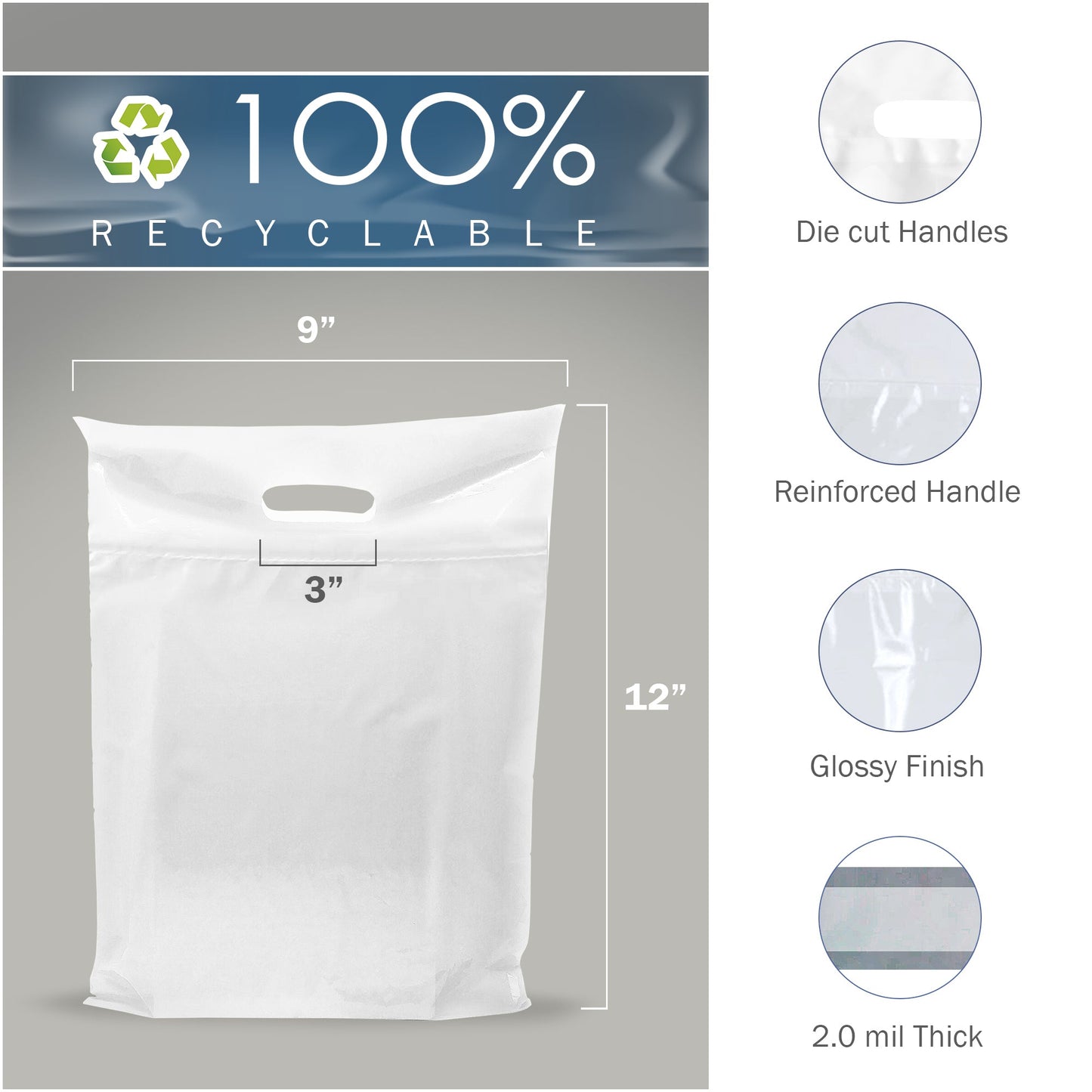 100 Pack 9" x 12" with 2 mil Thick Double Reinforced Handles White Merchandise Bags
