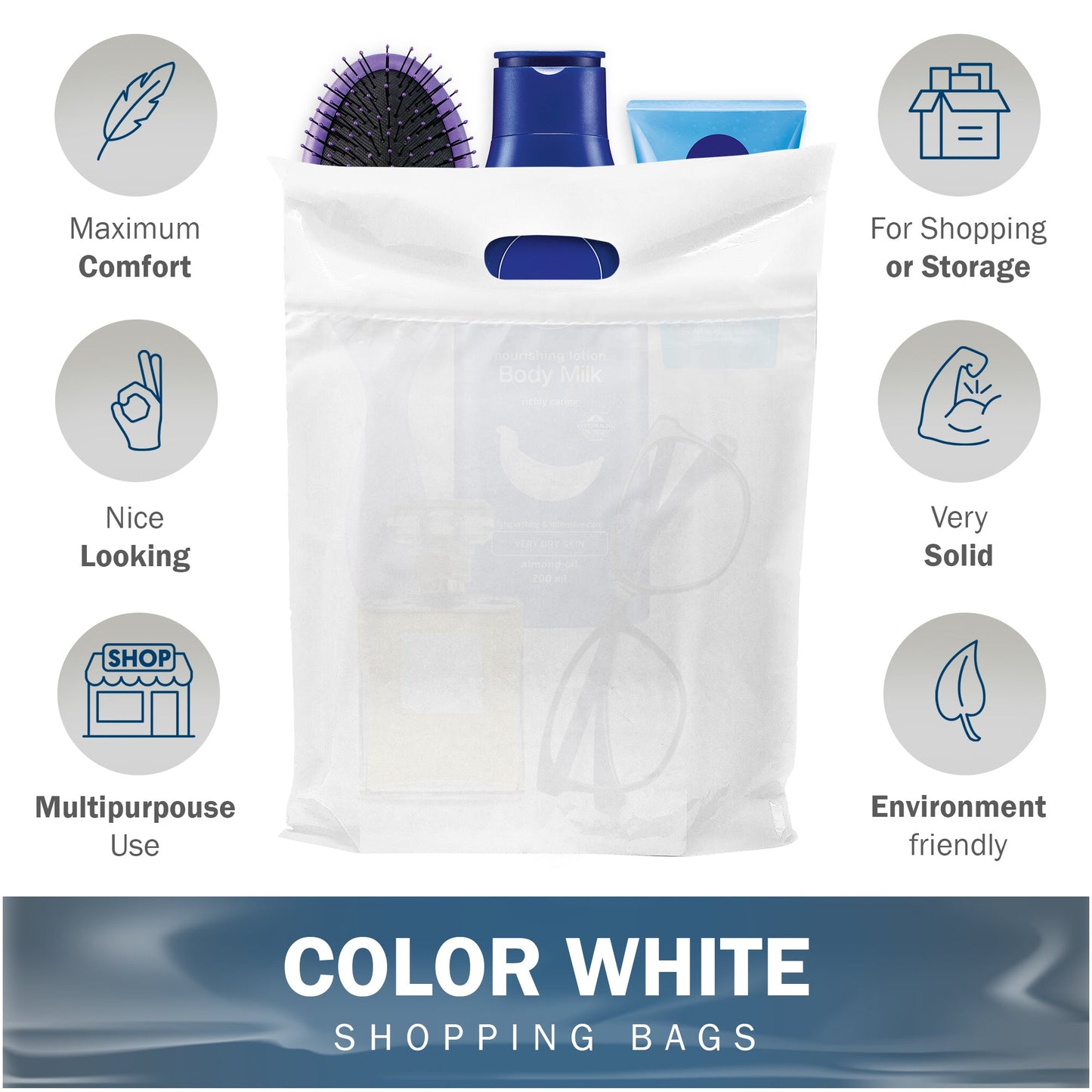 100 Pack 9" x 12" with 2 mil Thick Double Reinforced Handles White Merchandise Bags