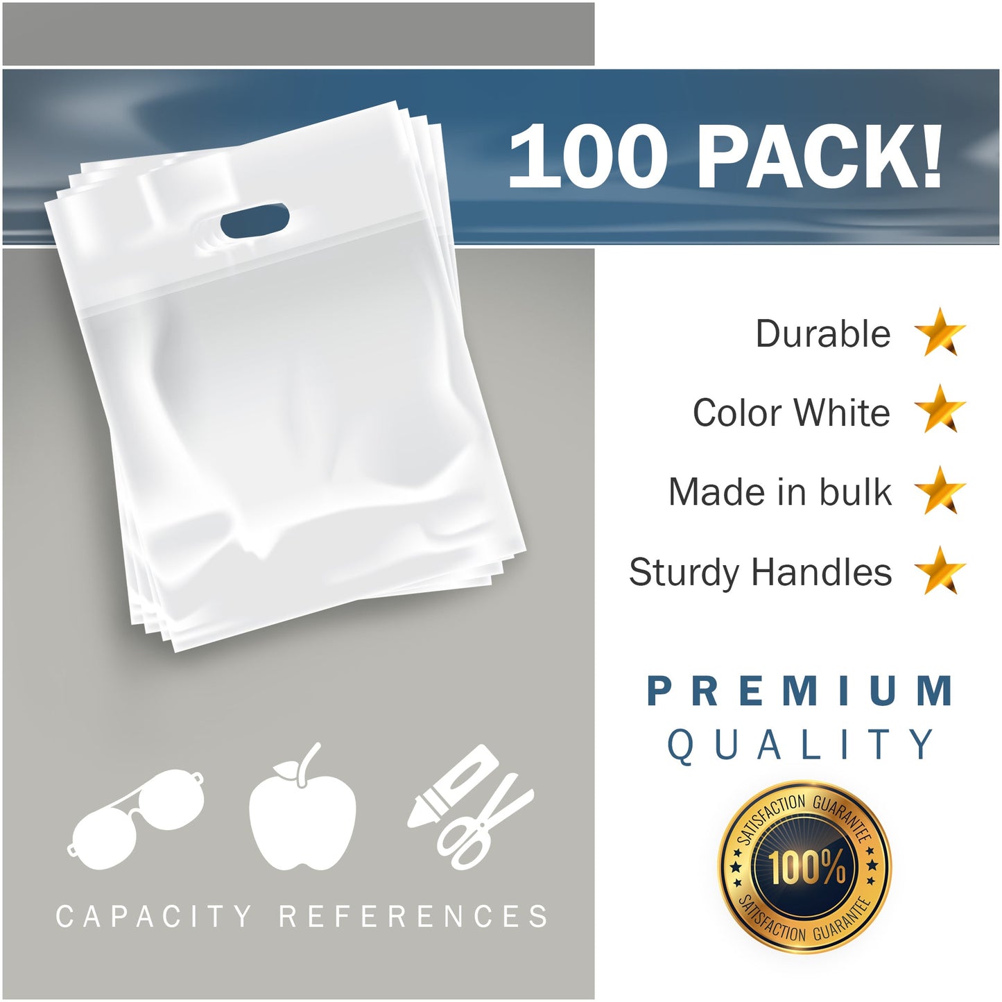 100 Pack 9" x 12" with 2 mil Thick Double Reinforced Handles White Merchandise Bags