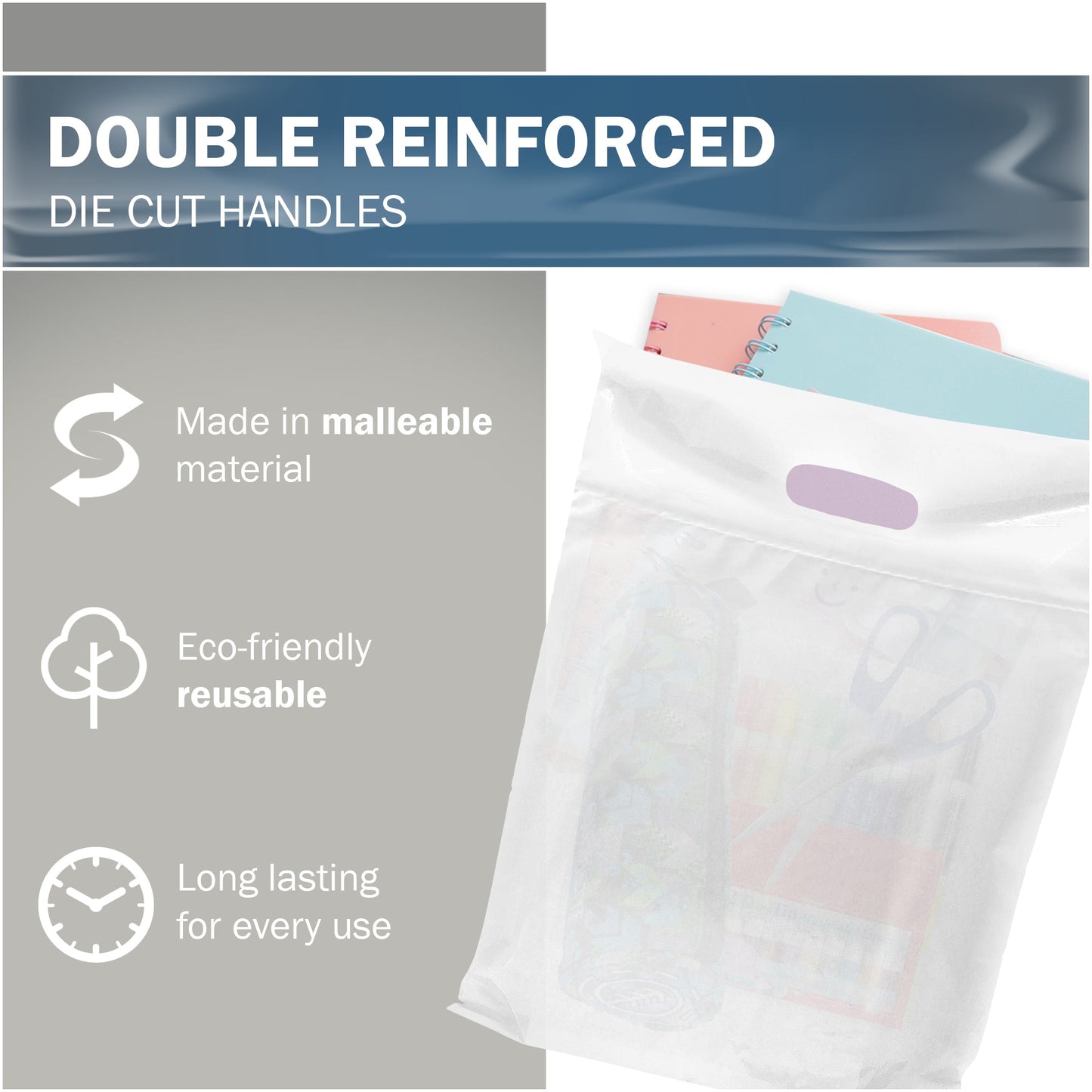 100 Pack 9" x 12" with 2 mil Thick Double Reinforced Handles White Merchandise Bags