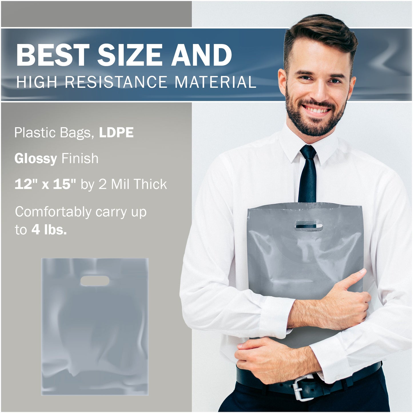 Silver Merchandise Plastic Shopping Bags - 100 Pack 12" x 15" with 2.0 mil Thick