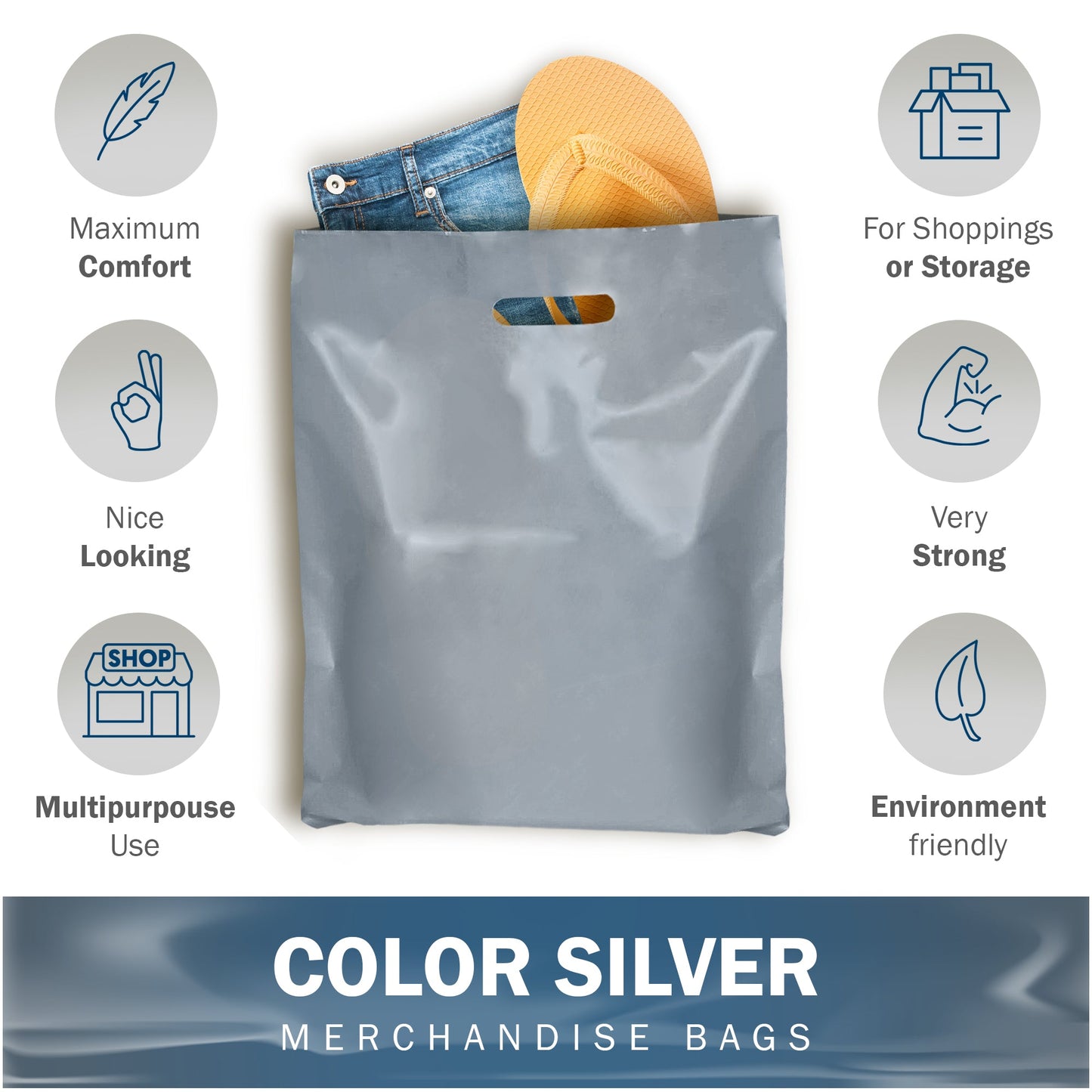 Silver Merchandise Plastic Shopping Bags - 100 Pack 12" x 15" with 2.0 mil Thick