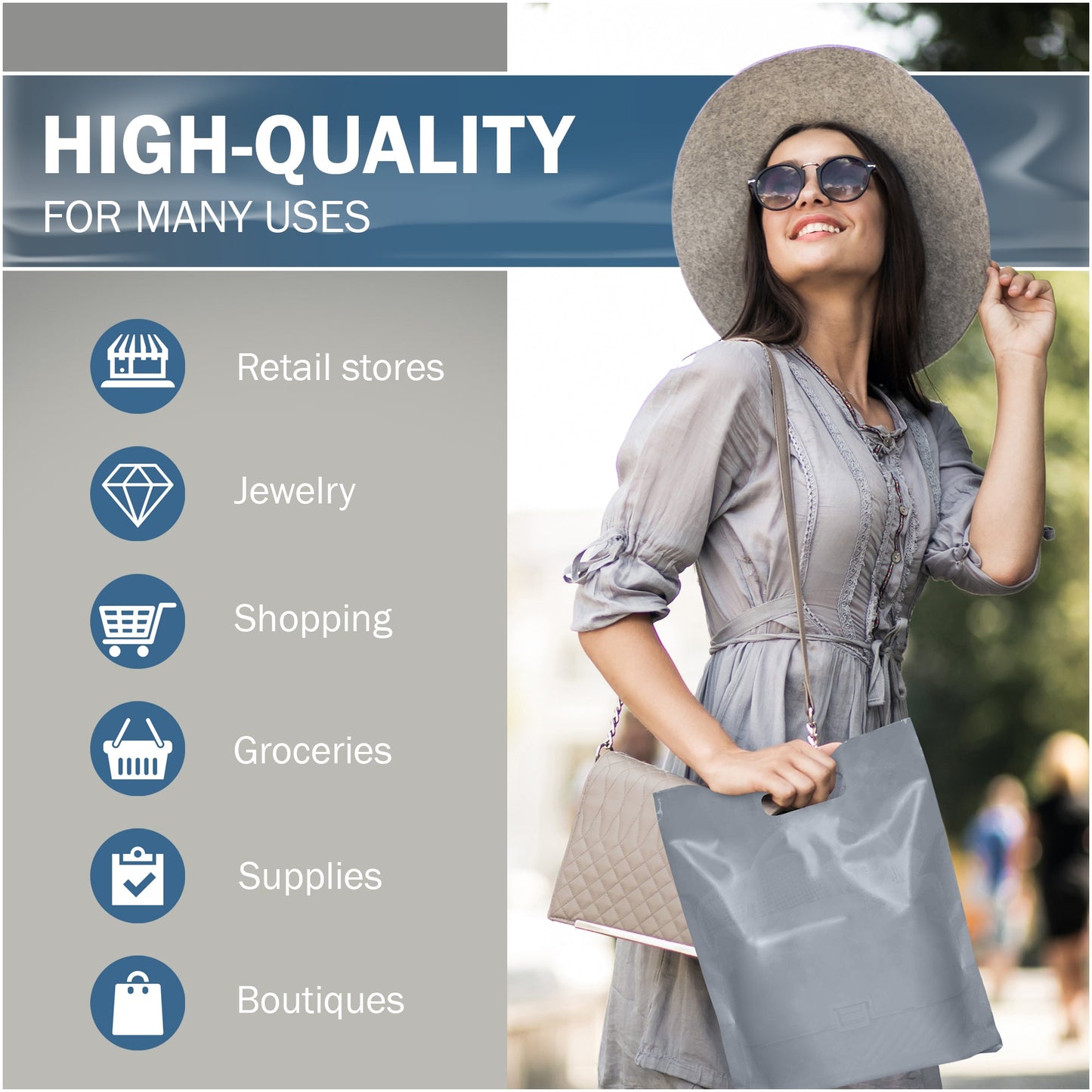 Silver Merchandise Plastic Shopping Bags - 100 Pack 12" x 15" with 2.0 mil Thick