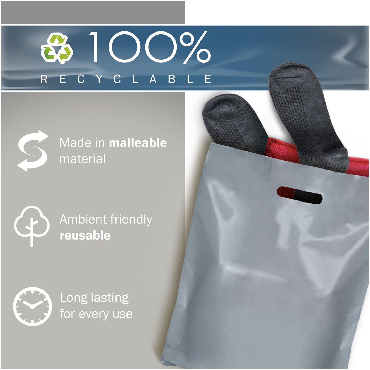 Silver Merchandise Plastic Shopping Bags - 100 Pack 12" x 15" with 2.0 mil Thick