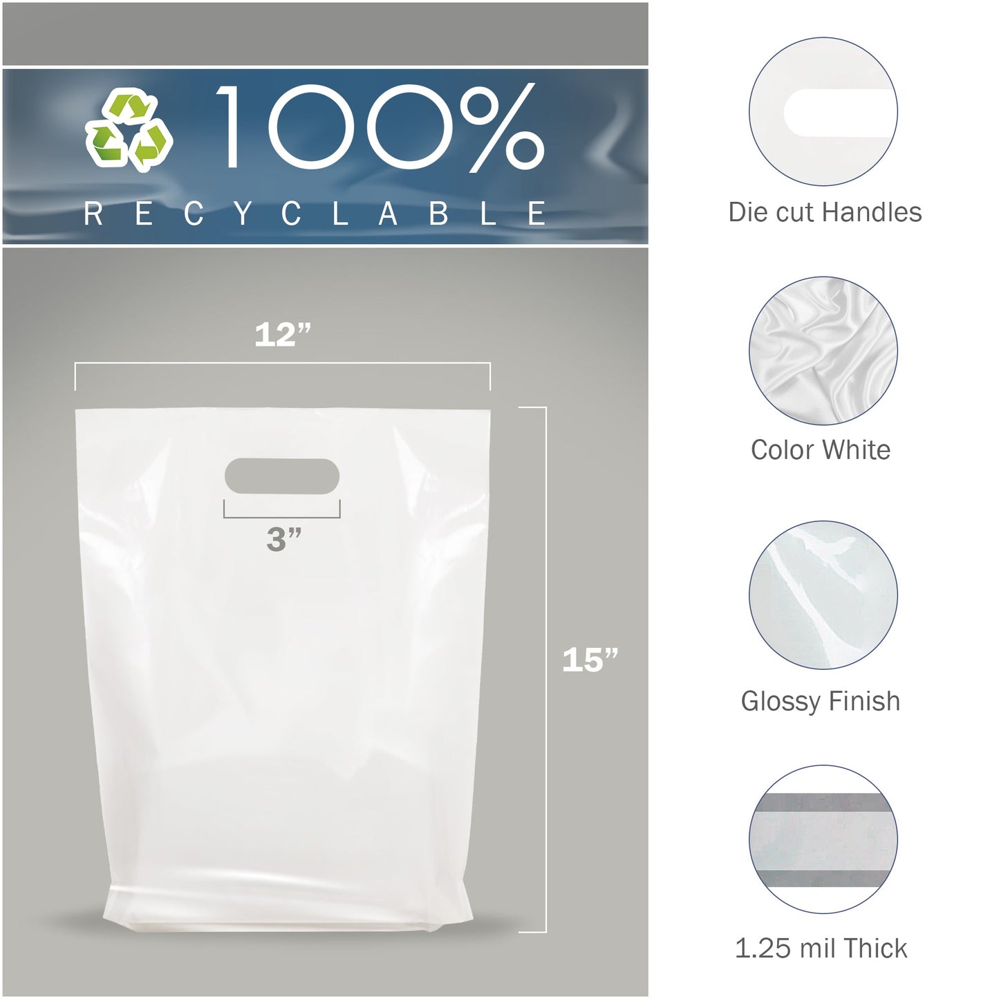 White Merchandise Plastic Shopping Bags - 100 Pack 12" x 15"with 1.25 mil Thick