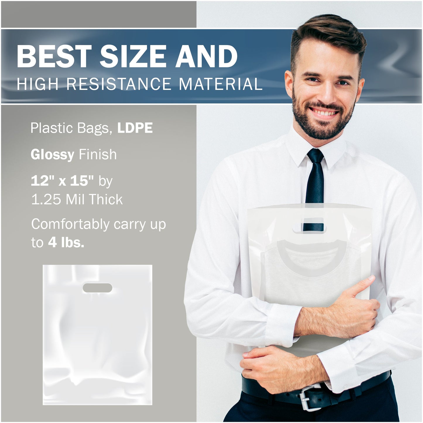 White Merchandise Plastic Shopping Bags - 100 Pack 12" x 15"with 1.25 mil Thick