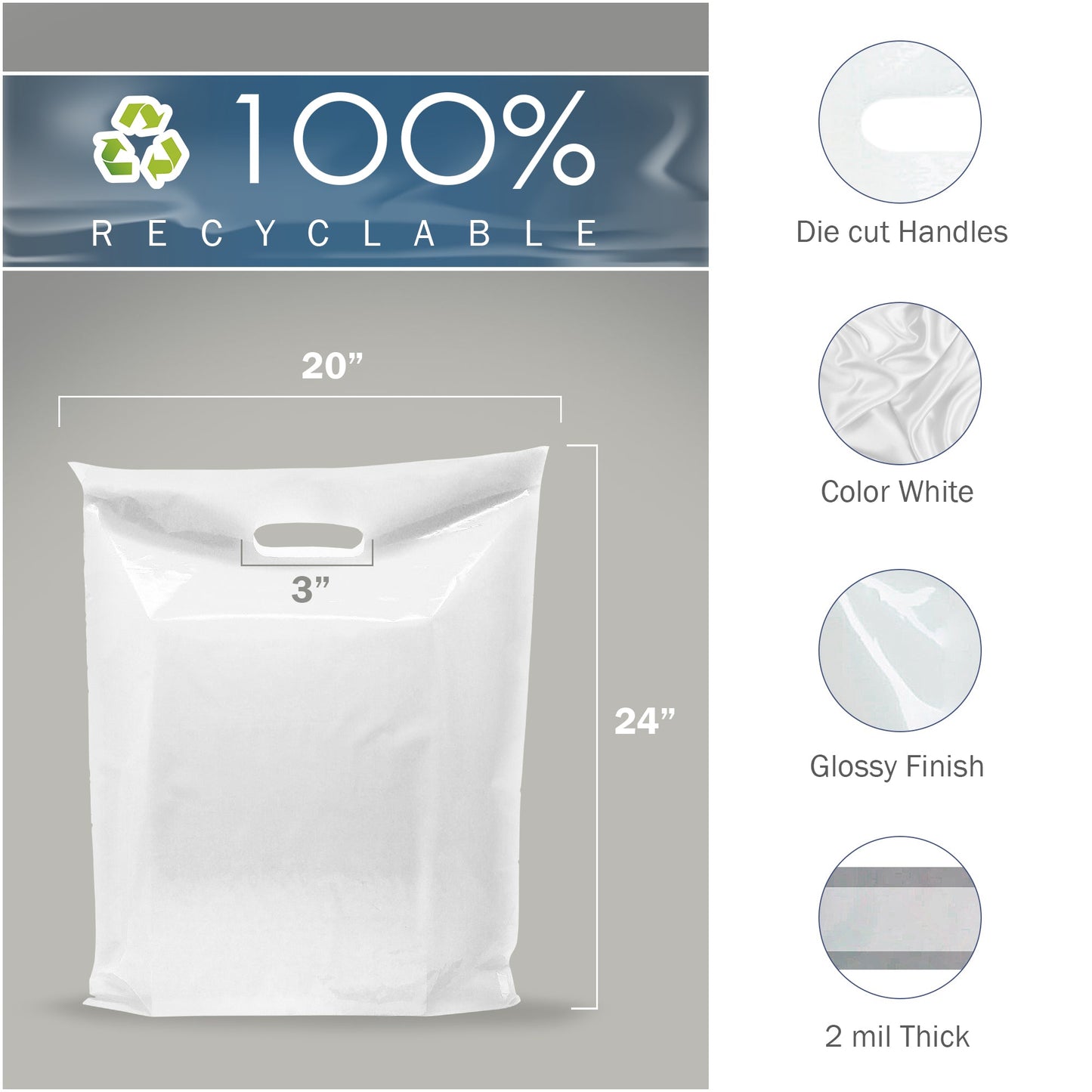 100 Pack 20" x 24" with 2 mil Thick Extra Large White Merchandise Plastic Retail Bags