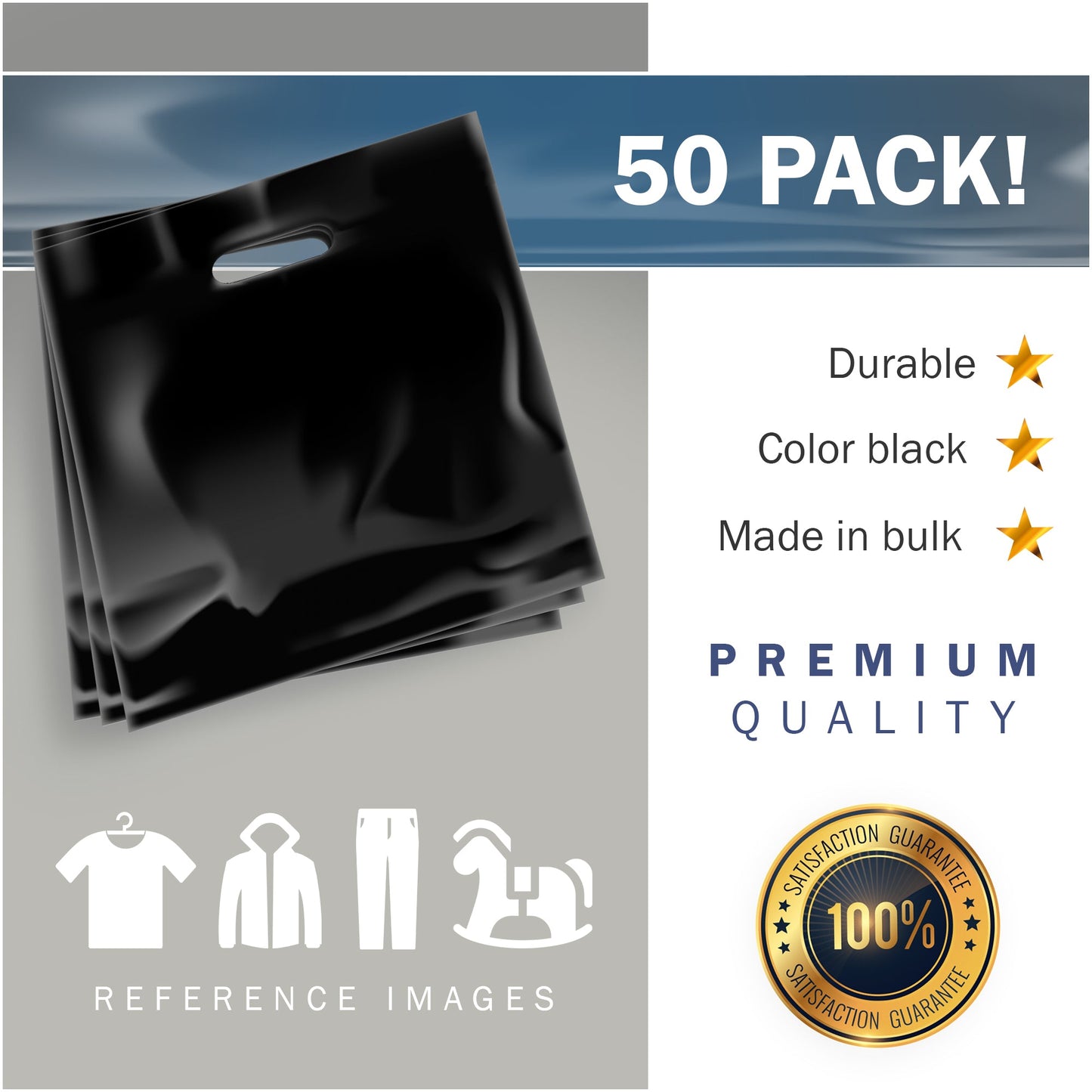 50 Pack 26" x 26" with 3 mil Thick Extra Large Black Merchandise Plastic Retail Bags (HDPE)