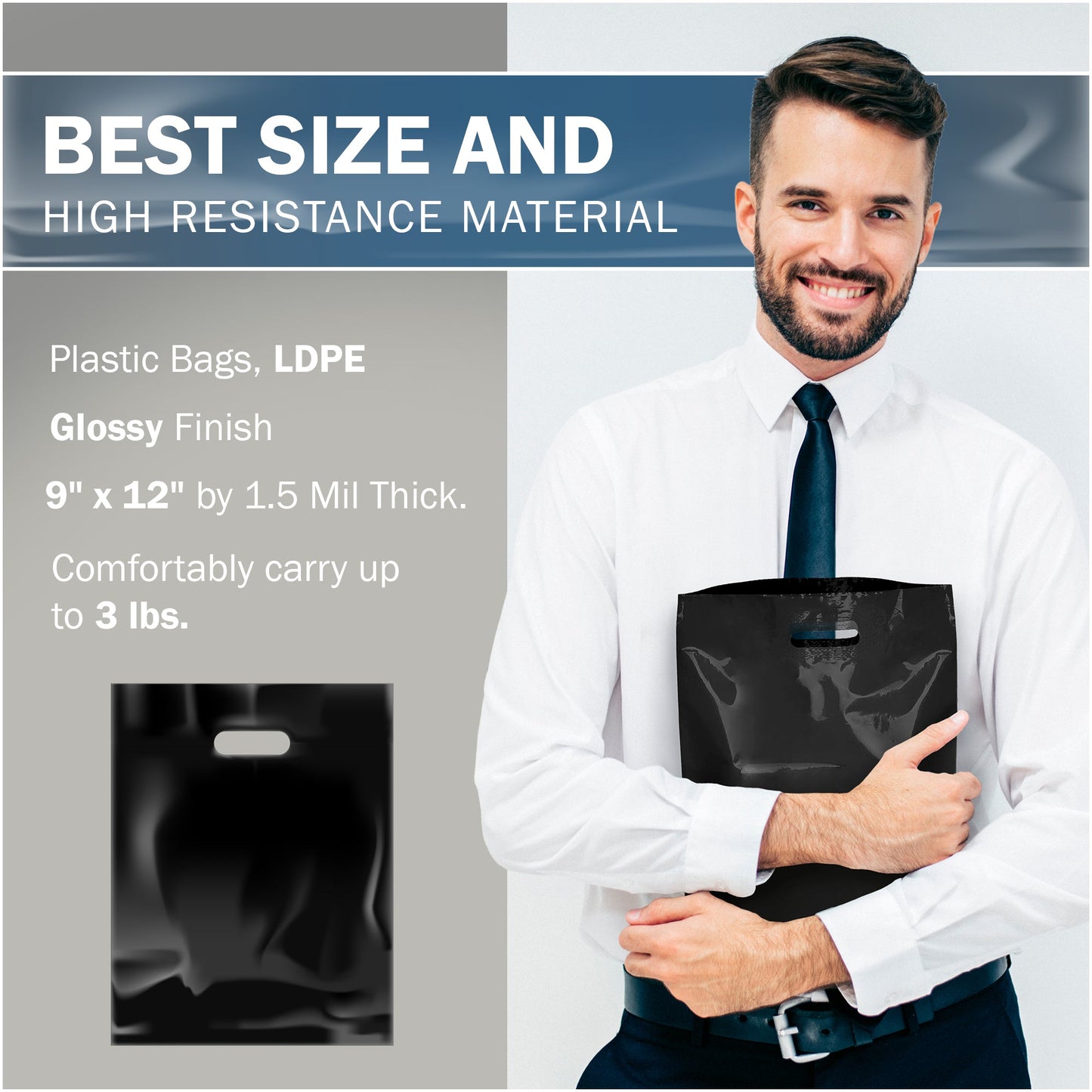 200 Pack 9" x 12" with 1.5 mil Thick Black Glossy Bags