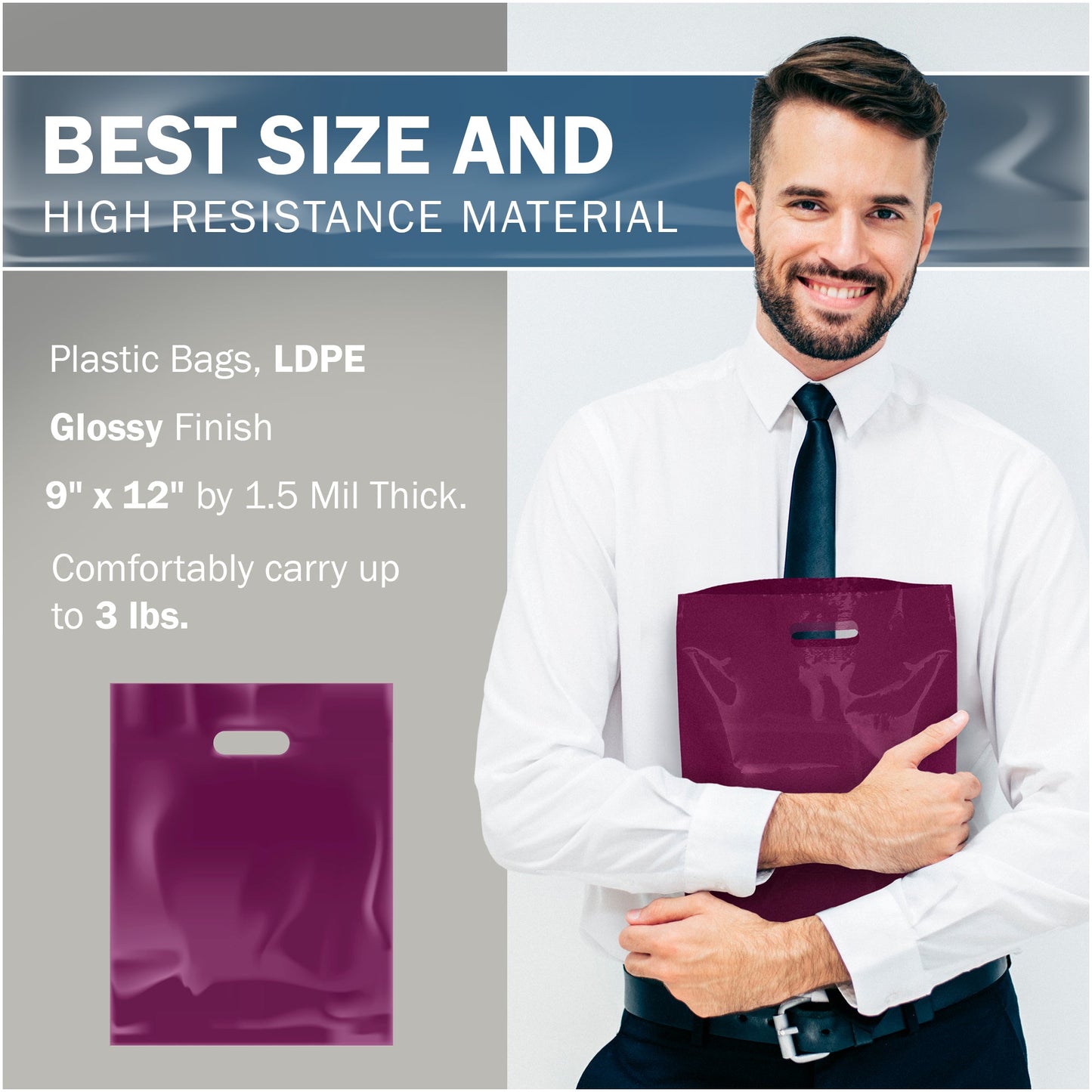 200 Pack 9" x 12" with 1.5 mil Thick Purple Glossy Bags