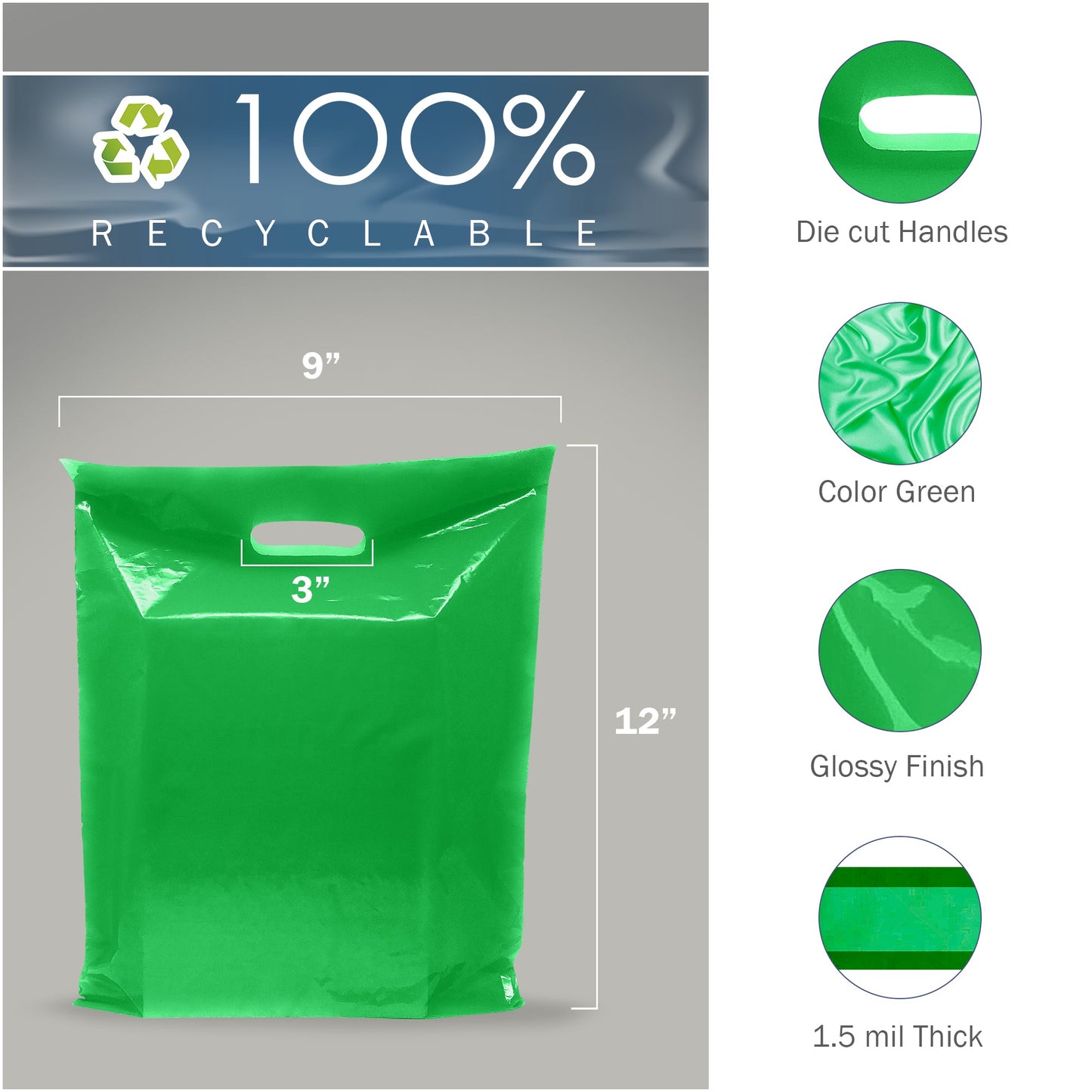 200 Pack 9" x 12" with 1.5 mil Thick Green Glossy Bags