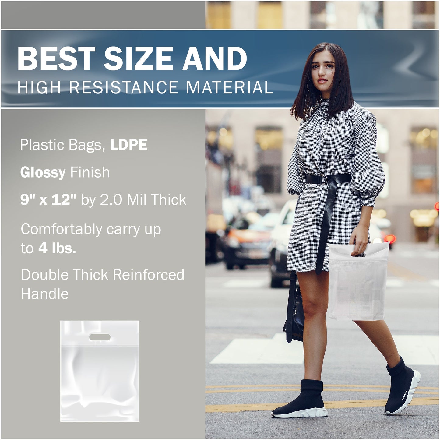 100 Pack 9" x 12" with 2 mil Thick Double Reinforced Handles White Merchandise Bags