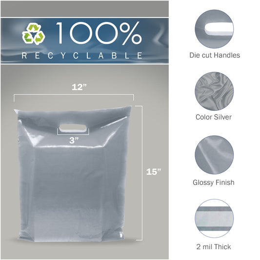 Silver Merchandise Plastic Shopping Bags - 100 Pack 12" x 15" with 2.0 mil Thick