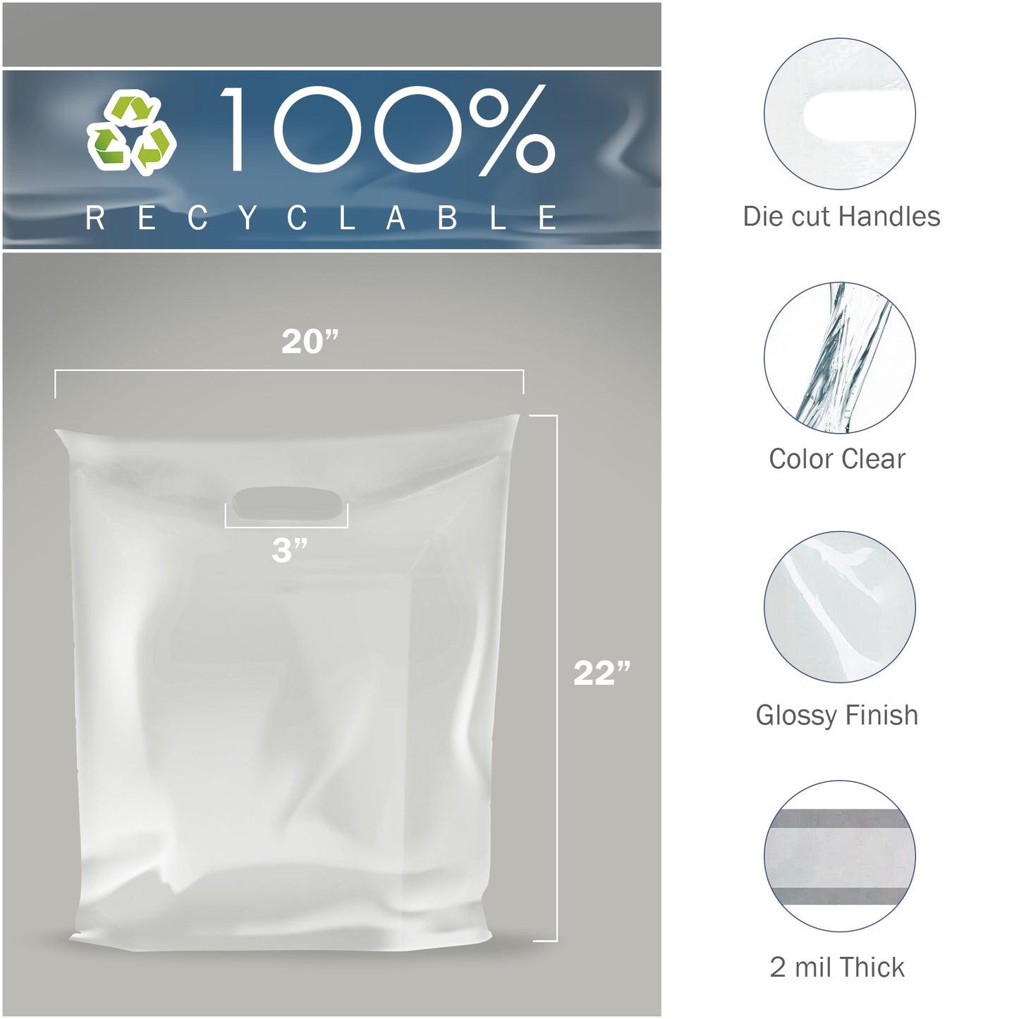 100 Pack 20" x 22" with 2 mil Thick Extra Large Clear Merchandise Plastic Retail Bags