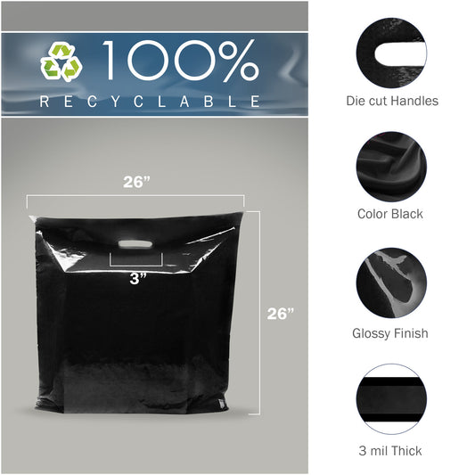 50 Pack 26" x 26" with 3 mil Thick Extra Large Black Merchandise Plastic Retail Bags (HDPE)