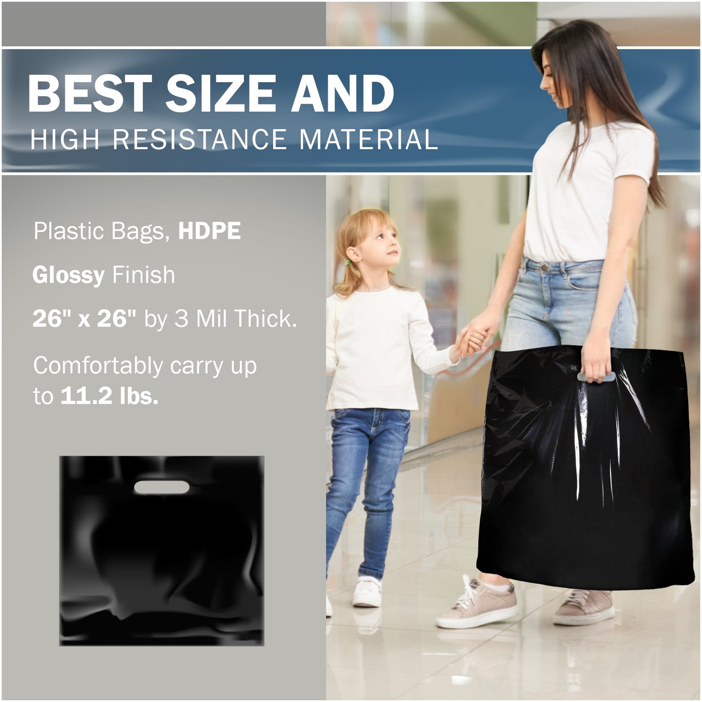 50 Pack 26" x 26" with 3 mil Thick Extra Large Black Merchandise Plastic Retail Bags (HDPE)