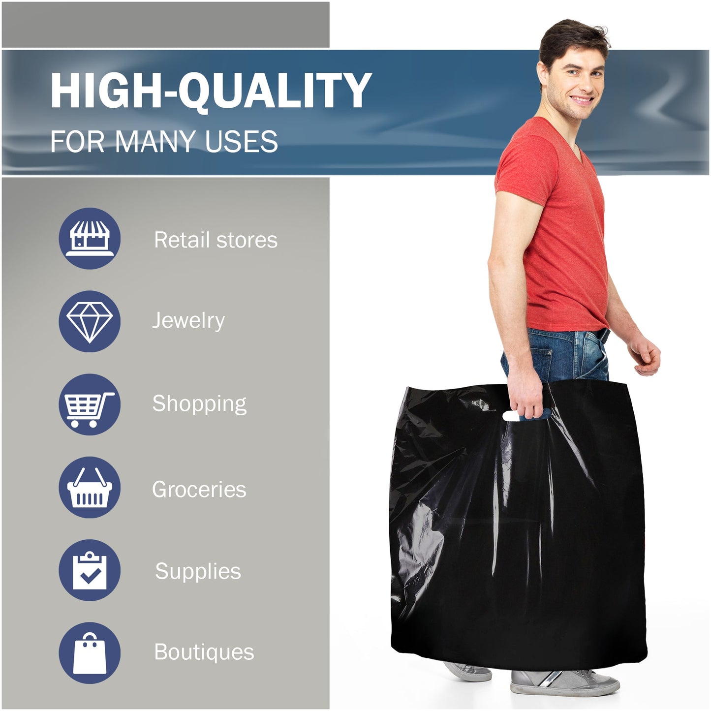 50 Pack 26" x 26" with 3 mil Thick Extra Large Black Merchandise Plastic Retail Bags (HDPE)