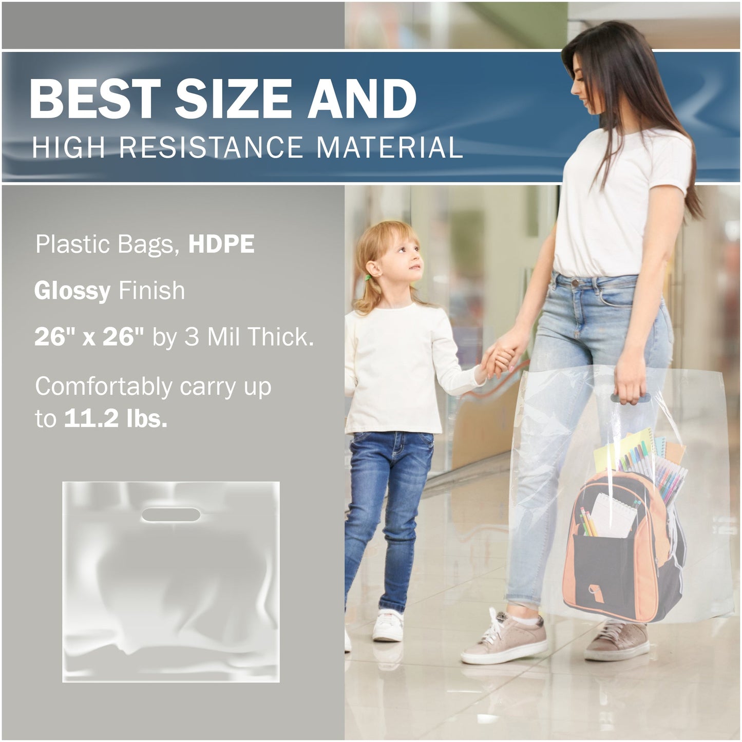 50 Pack 26" x 26" with 3 miThick Extra Large Clear Merchandise Plastic Retail Bags (HDPE)