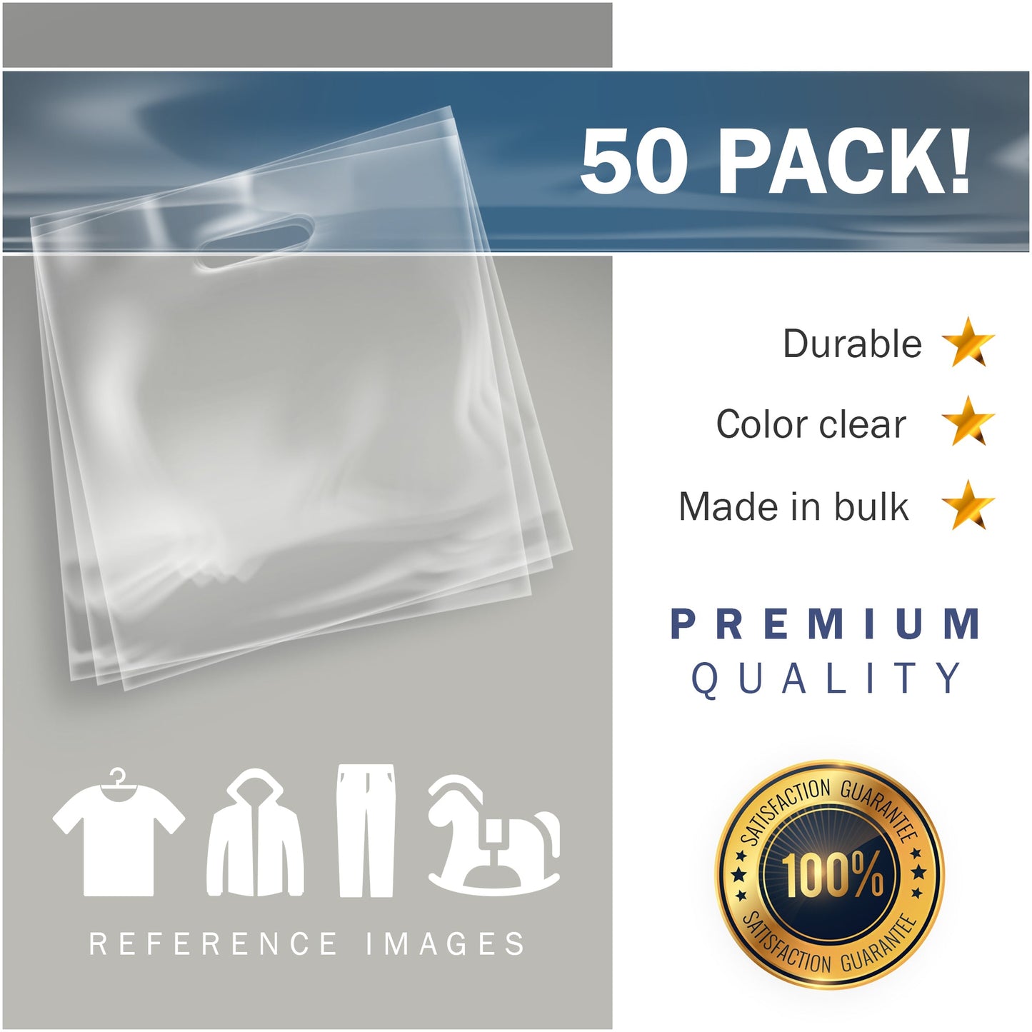 50 Pack 26" x 26" with 3 miThick Extra Large Clear Merchandise Plastic Retail Bags (HDPE)