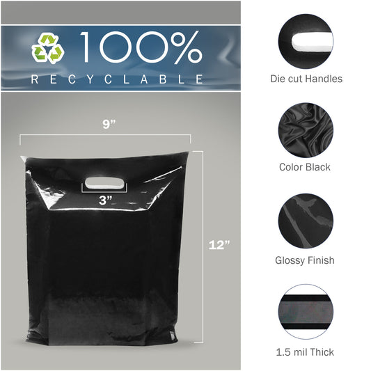 200 Pack 9" x 12" with 1.5 mil Thick Black Glossy Bags