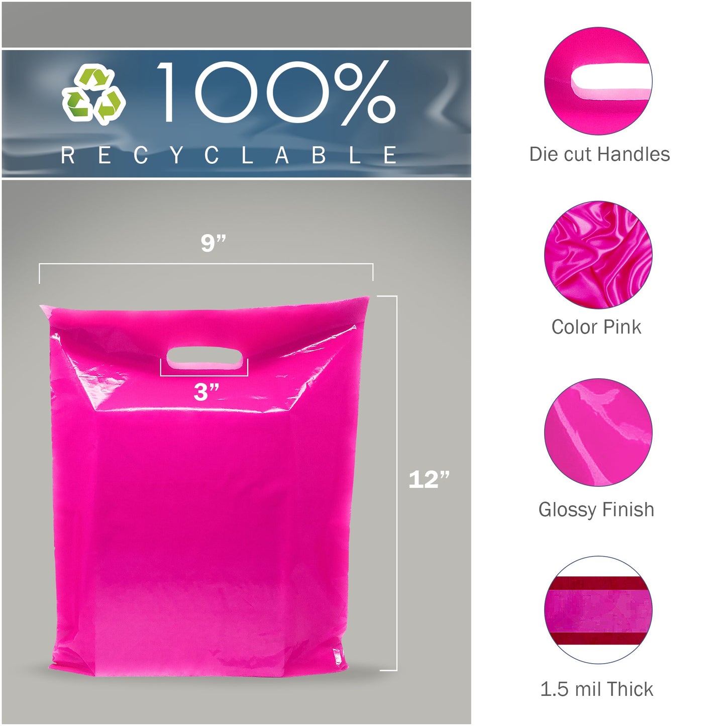 200 Pack 9" x 12" with 1.5 mil Thick Pink Glossy Bags