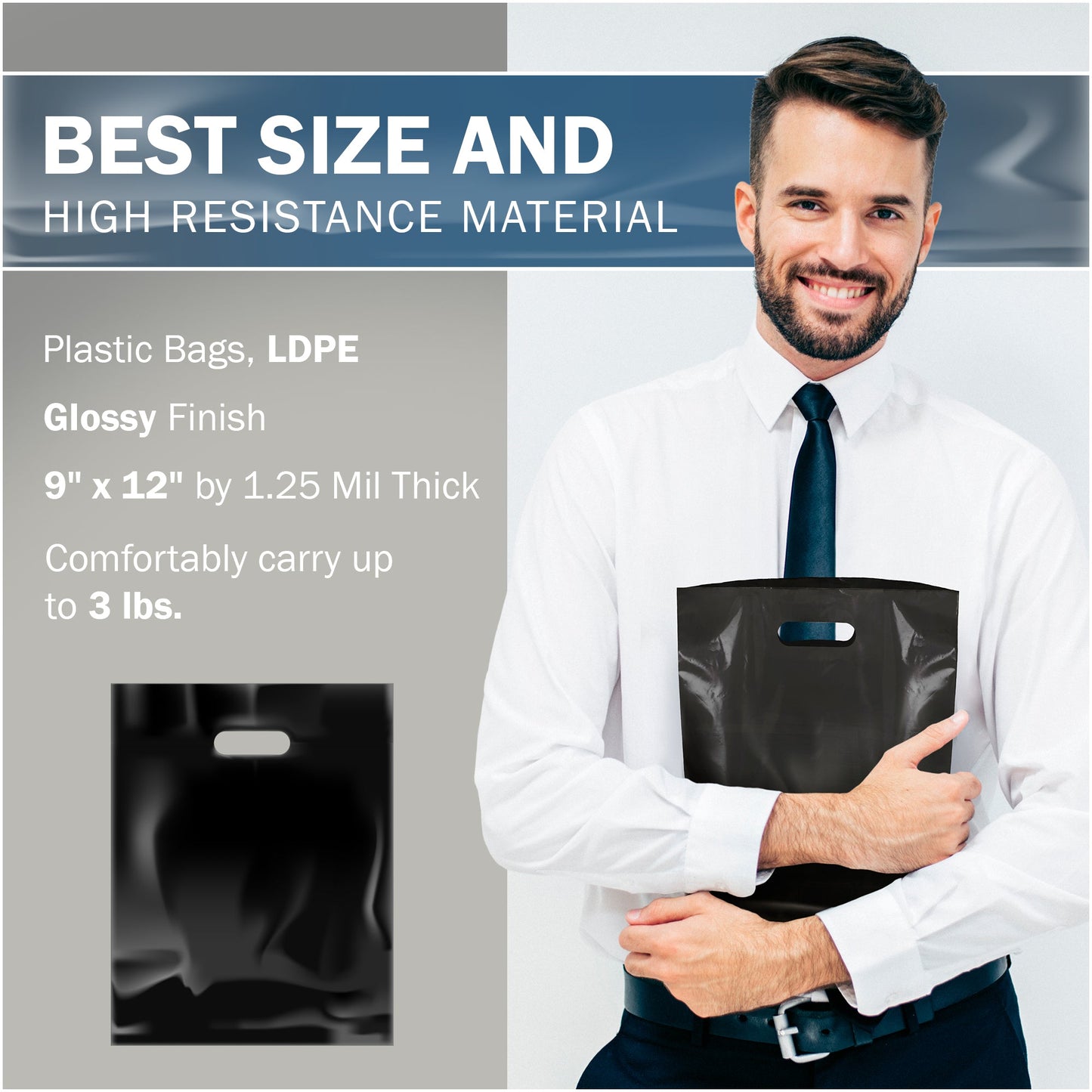 100 Pack 9" x 12" with 1.25 mil Thick Black Glossy Bags