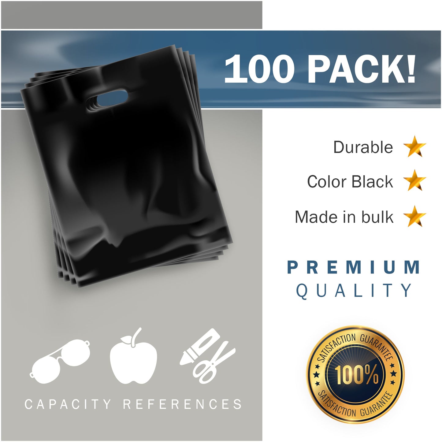 100 Pack 9" x 12" with 1.25 mil Thick Black Glossy Bags