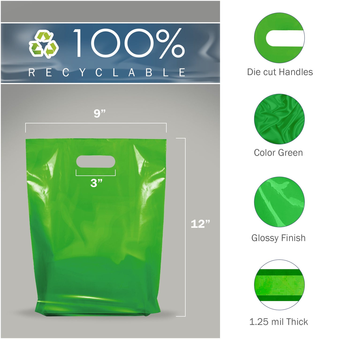 100 Pack 9" x 12" with 1.25 mil Thick Green Glossy Bags